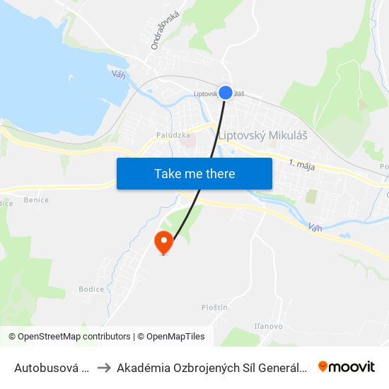 Autobusová Stanica to Akadémia Ozbrojených Síl Generála M.R. Štefánika map