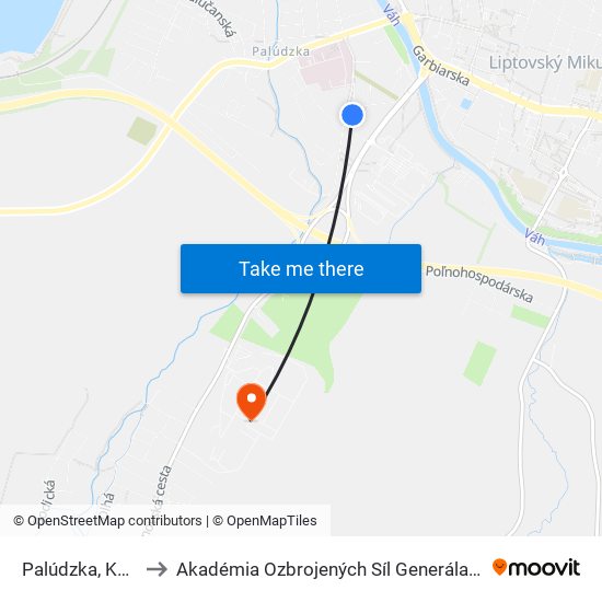 Palúdzka, Kaufland to Akadémia Ozbrojených Síl Generála M.R. Štefánika map