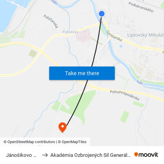 Jánošíkovo Nábrežie to Akadémia Ozbrojených Síl Generála M.R. Štefánika map