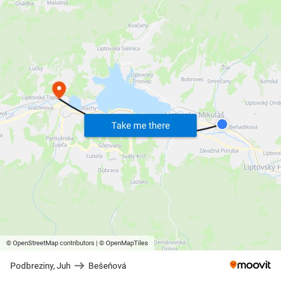 Podbreziny, Juh to Bešeňová map