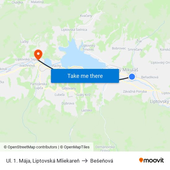 Ul. 1. Mája, Liptovská Mliekareň to Bešeňová map