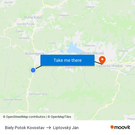 Biely Potok Kovostav to Liptovský Ján map