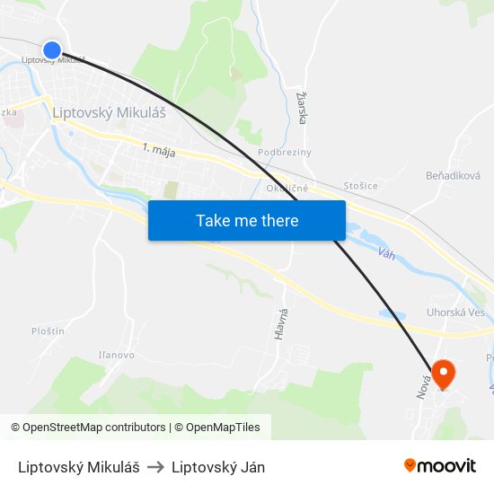 Liptovský Mikuláš to Liptovský Ján map