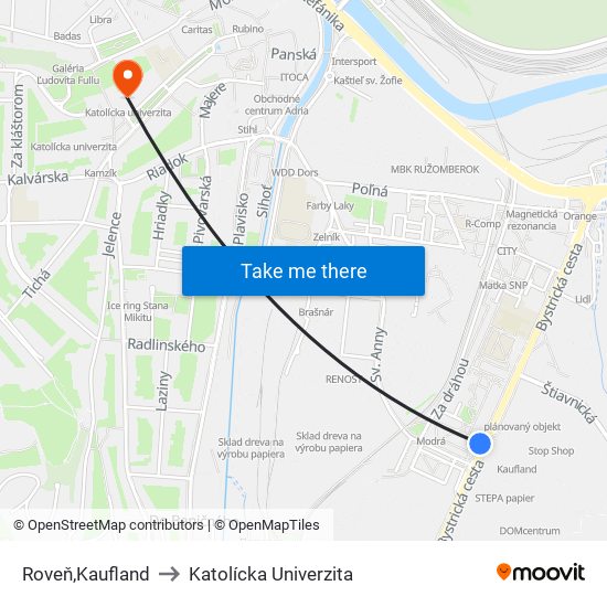 Roveň,Kaufland to Katolícka Univerzita map