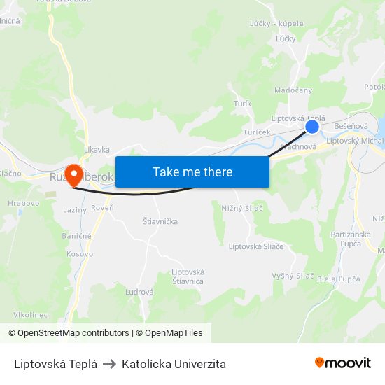 Liptovská Teplá to Katolícka Univerzita map