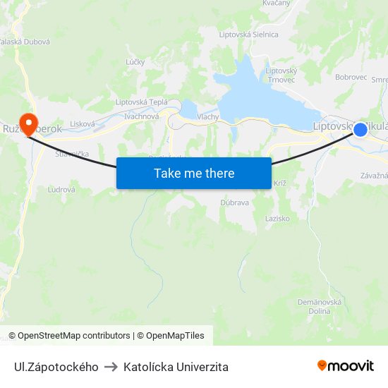 Ul.Zápotockého to Katolícka Univerzita map