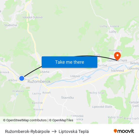 Ružomberok-Rybárpole to Liptovská Teplá map