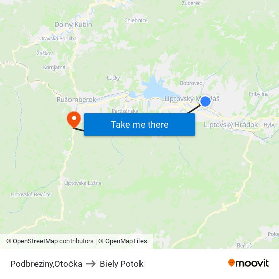 Podbreziny,Otočka to Biely Potok map