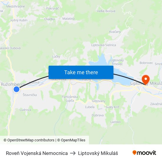 Roveň Vojenská Nemocnica to Liptovský Mikuláš map