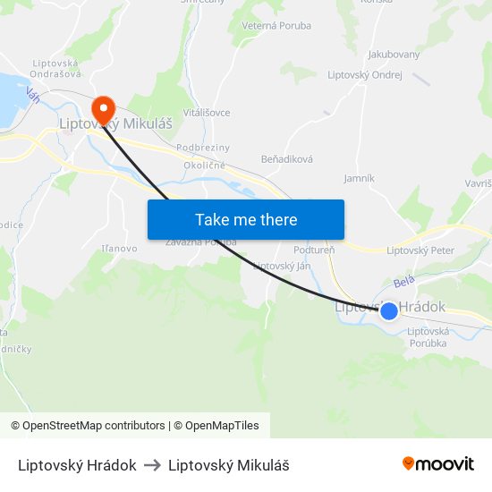 Liptovský Hrádok to Liptovský Mikuláš map