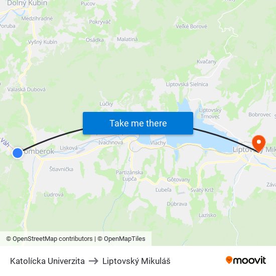 Katolícka Univerzita to Liptovský Mikuláš map