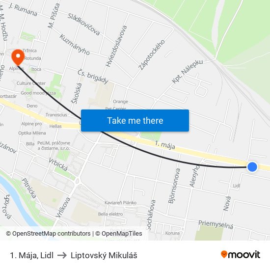 1. Mája, Lidl to Liptovský Mikuláš map