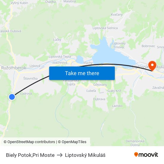 Biely Potok,Pri Moste to Liptovský Mikuláš map