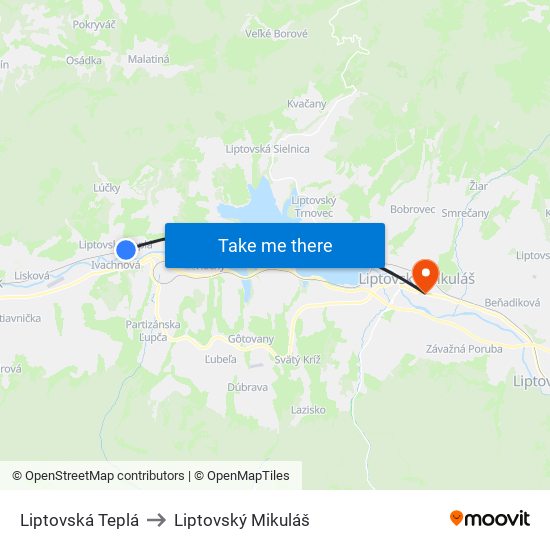 Liptovská Teplá to Liptovský Mikuláš map