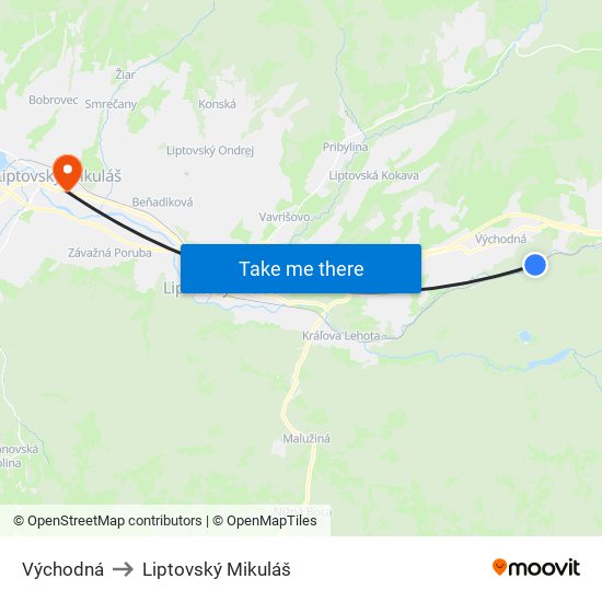 Východná to Liptovský Mikuláš map