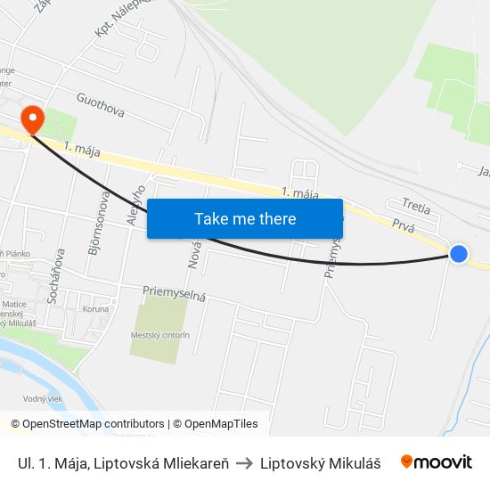 Ul. 1. Mája, Liptovská Mliekareň to Liptovský Mikuláš map