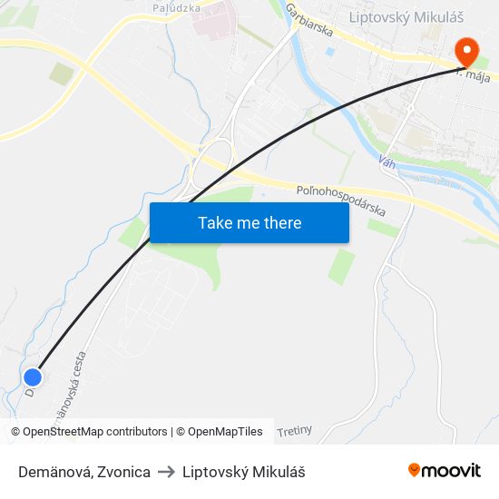 Demänová, Zvonica to Liptovský Mikuláš map