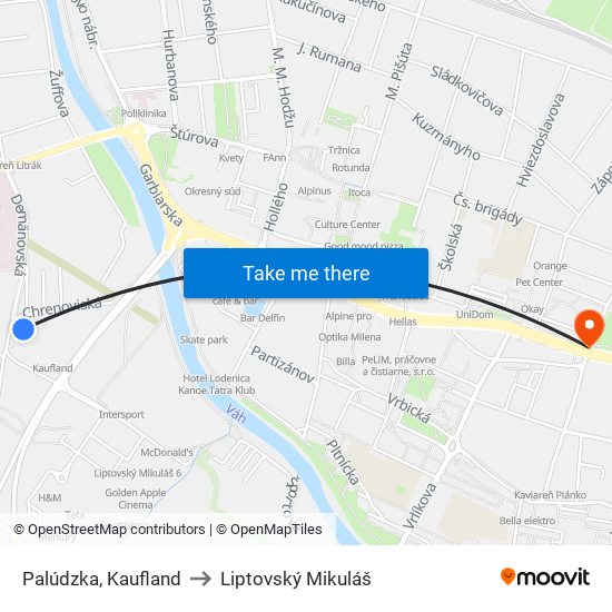 Palúdzka, Kaufland to Liptovský Mikuláš map