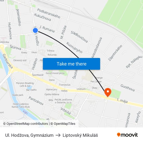 Ul. Hodžova, Gymnázium to Liptovský Mikuláš map