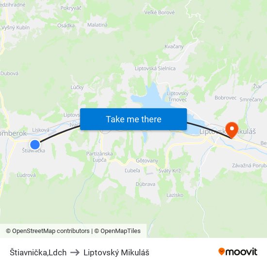 Štiavnička,Ldch to Liptovský Mikuláš map