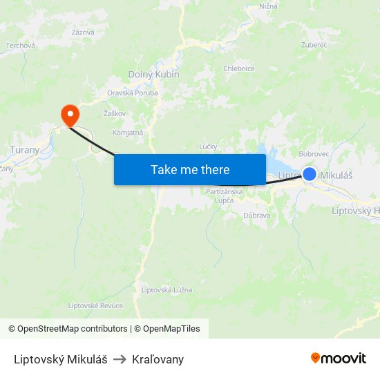 Liptovský Mikuláš to Kraľovany map