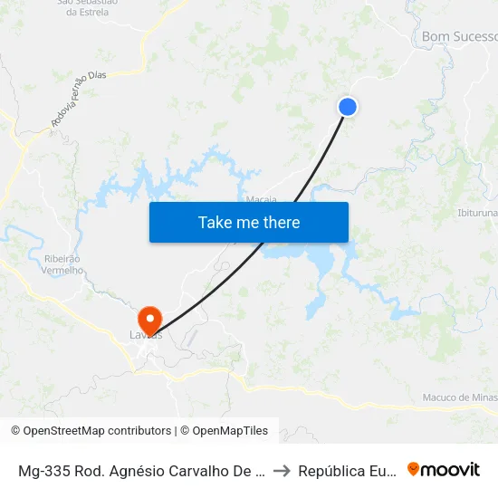 Mg-335 Rod. Agnésio Carvalho De Souza Km 62,1 Norte to República Eutrepsemia map
