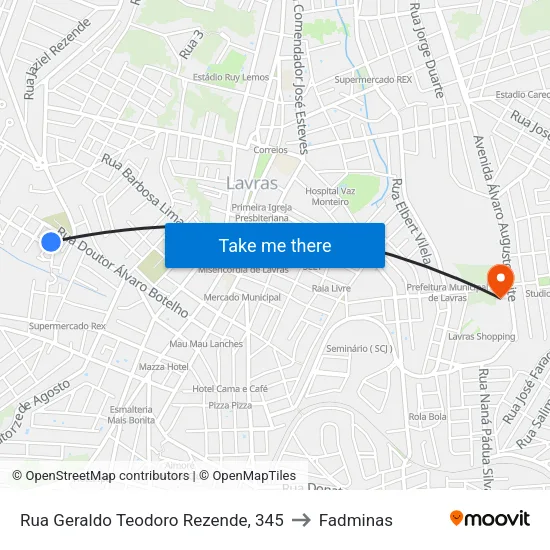 Rua Geraldo Teodoro Rezende, 345 to Fadminas map