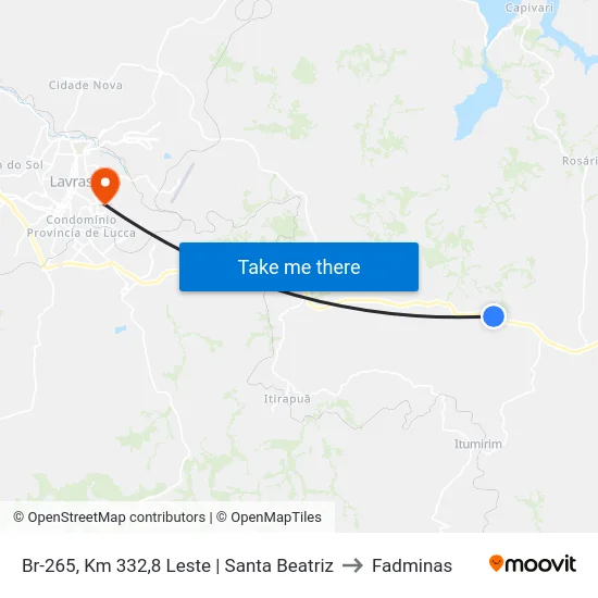 Br-265, Km 332,8 Leste | Santa Beatriz to Fadminas map