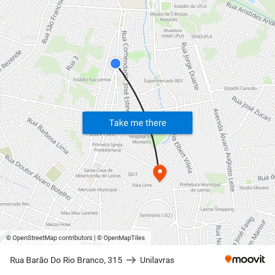 Rua Barão Do Rio Branco, 315 to Unilavras map