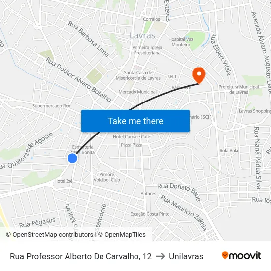 Rua Professor Alberto De Carvalho, 12 to Unilavras map