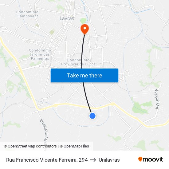 Rua Francisco Vicente Ferreira, 294 to Unilavras map