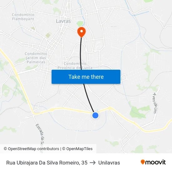 Rua Ubirajara Da Silva Romeiro, 35 to Unilavras map