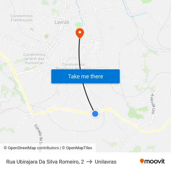 Rua Ubirajara Da Silva Romeiro, 2 to Unilavras map