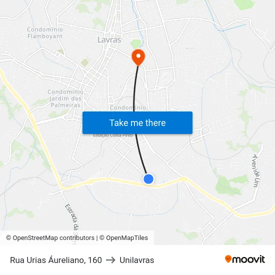 Rua Urias Áureliano, 160 to Unilavras map