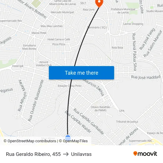 Rua Geraldo Ribeiro, 455 to Unilavras map