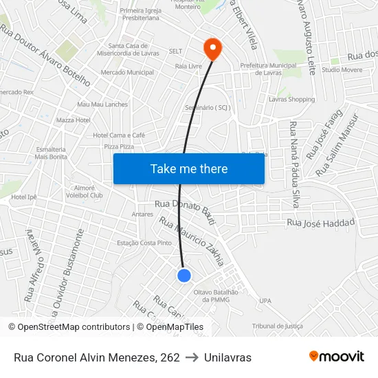 Rua Coronel Alvin Menezes, 262 to Unilavras map