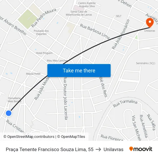 Praça Tenente Francisco Souza Lima, 55 to Unilavras map