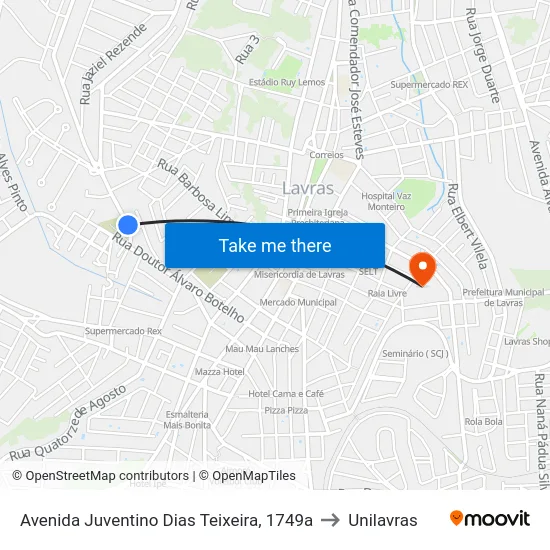 Avenida Juventino Dias Teixeira, 1749a to Unilavras map