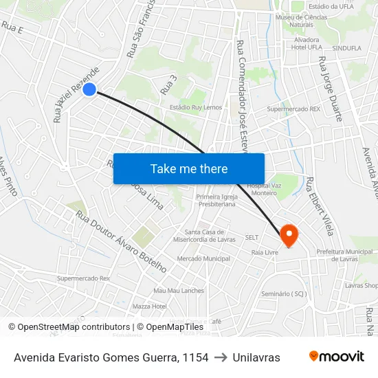 Avenida Evaristo Gomes Guerra, 1154 to Unilavras map
