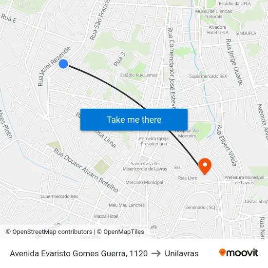 Avenida Evaristo Gomes Guerra, 1120 to Unilavras map