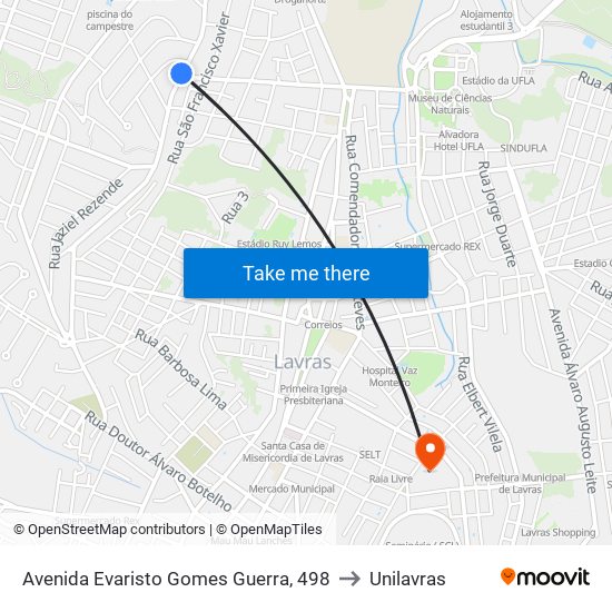 Avenida Evaristo Gomes Guerra, 498 to Unilavras map