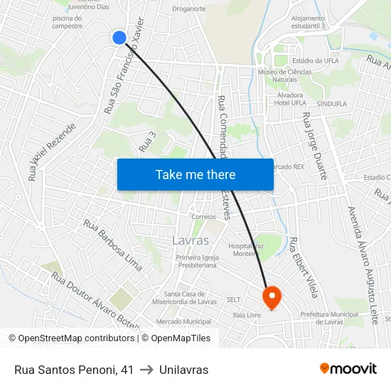 Rua Santos Penoni, 41 to Unilavras map