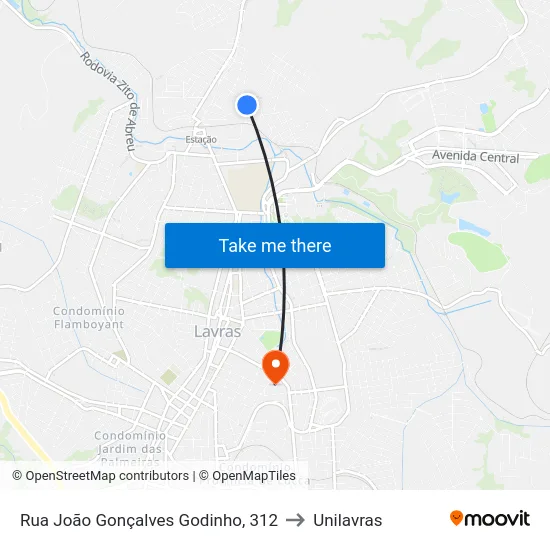 Rua João Gonçalves Godinho, 312 to Unilavras map