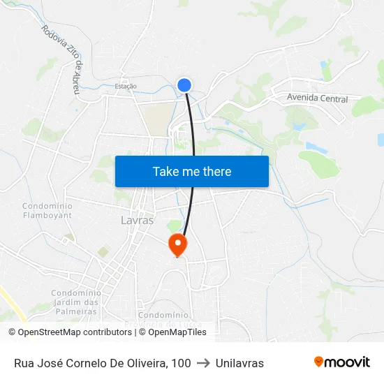 Rua José Cornelo De Oliveira, 100 to Unilavras map