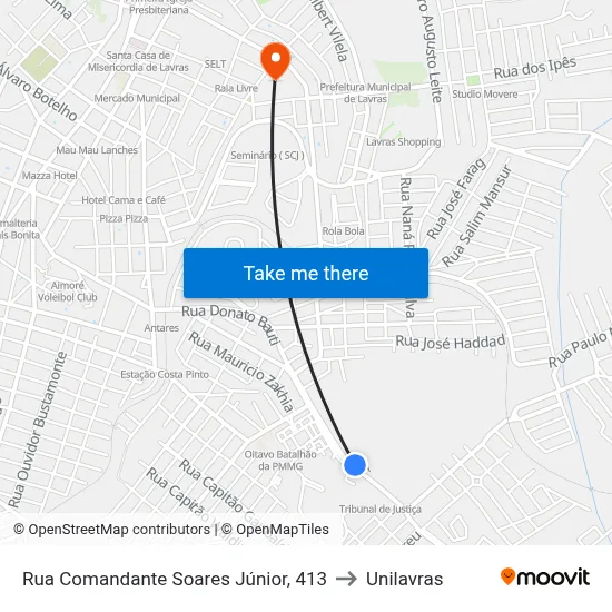 Rua Comandante Soares Júnior, 413 to Unilavras map