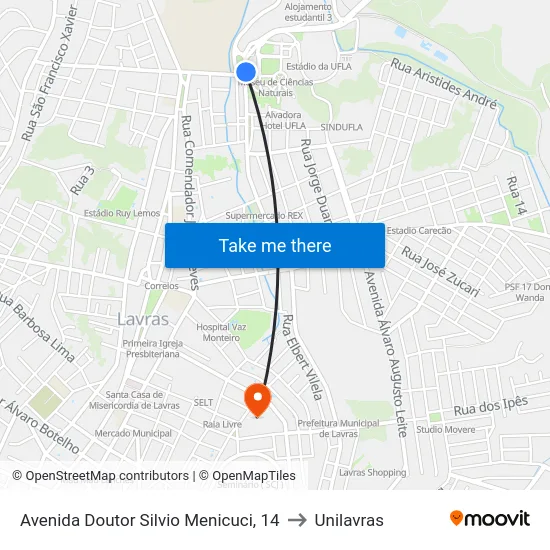 Avenida Doutor Silvio Menicuci, 14 to Unilavras map