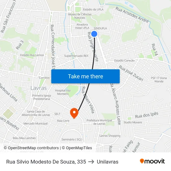Rua Silvio Modesto De Souza, 335 to Unilavras map