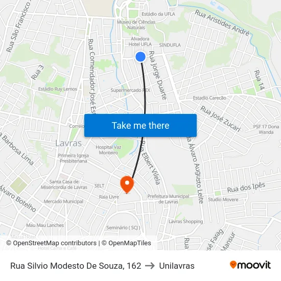Rua Silvio Modesto De Souza, 162 to Unilavras map