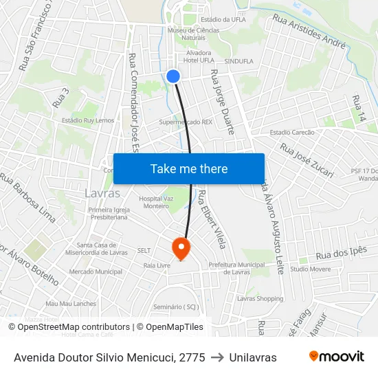 Avenida Doutor Silvio Menicuci, 2775 to Unilavras map