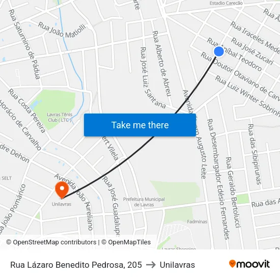 Rua Lázaro Benedito Pedrosa, 205 to Unilavras map